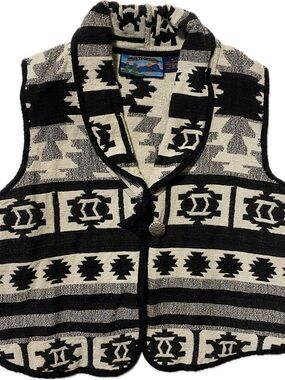 Shawl-Collar Black & Cream Patterned Western-Inspired Vest